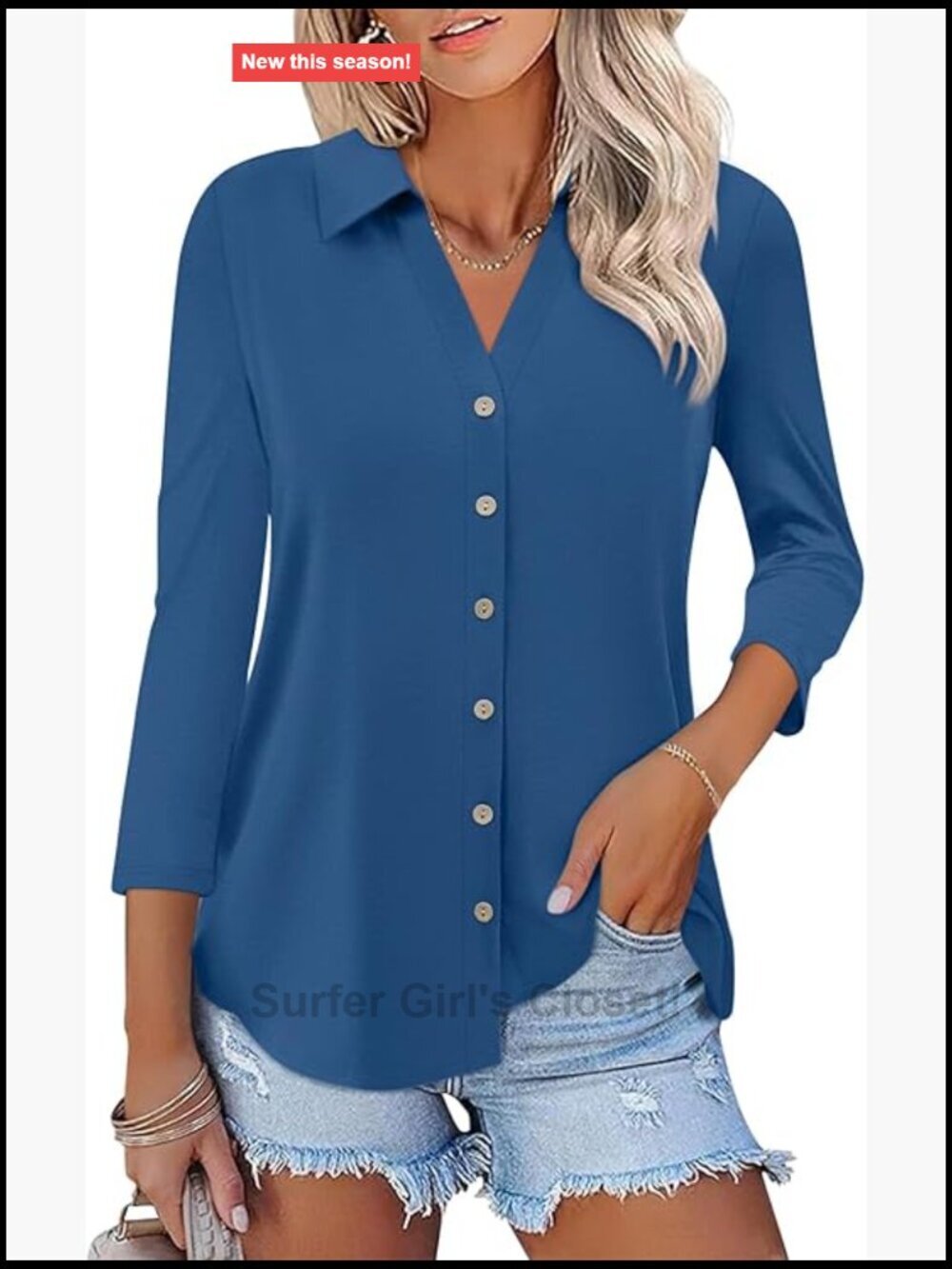 3/4 Sleeve Button Down Blouse Dressy Casual Summer Top